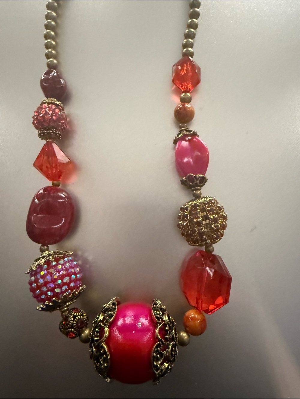 Gold-Accent Pink & Red Beaded Statement Necklace